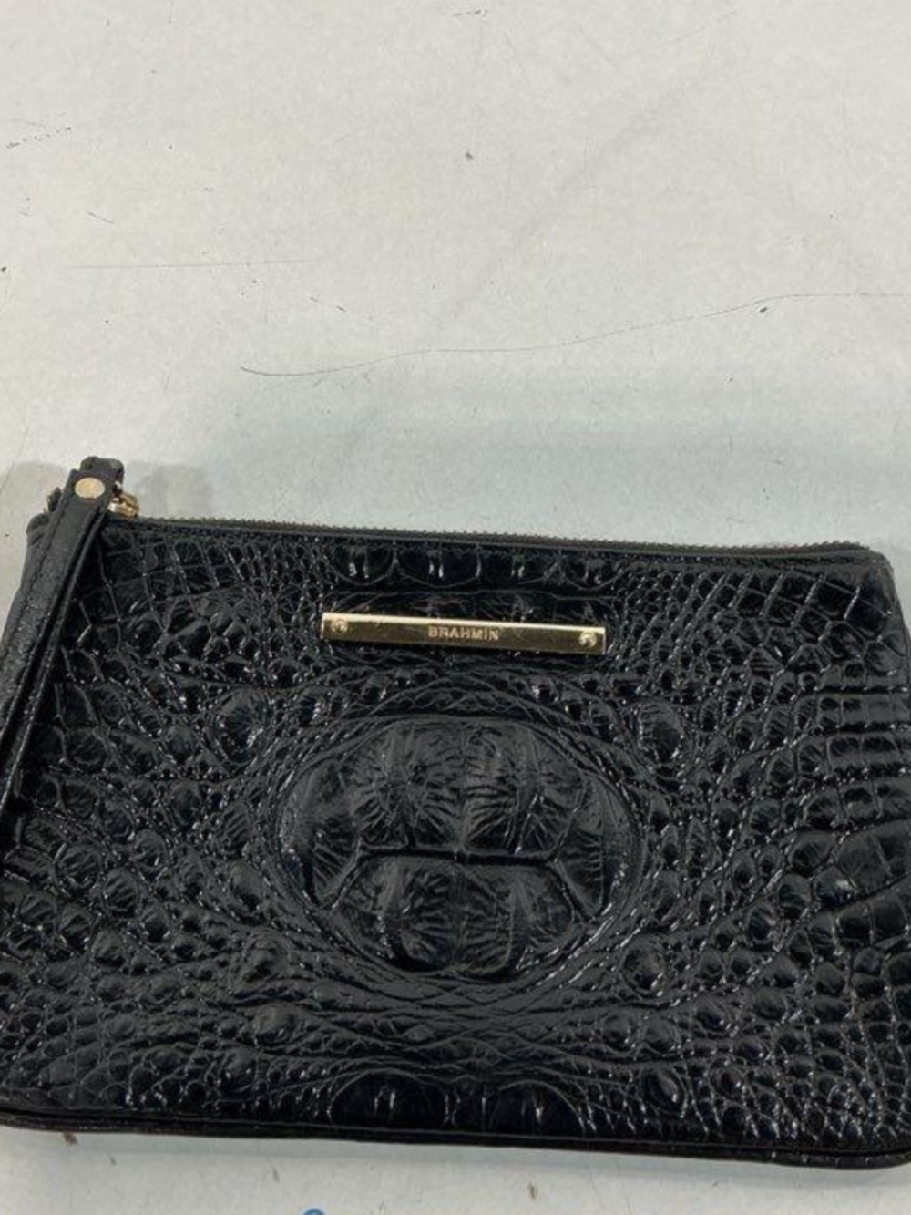 Women’s Brahmin Black Croc-Embossed Wristlet with Gold Plaque